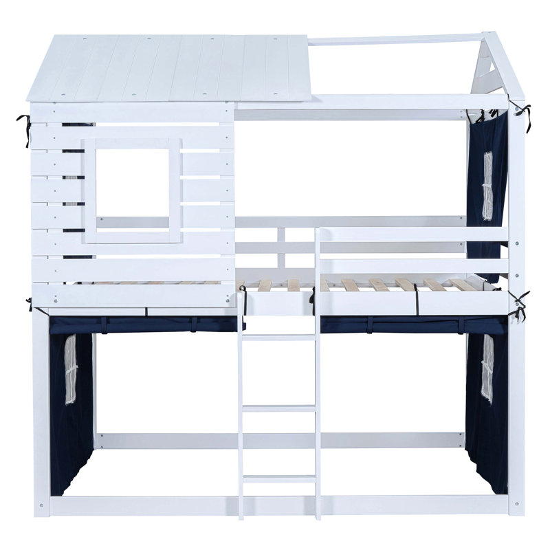 Lit superposé en bois avec tente, Bleu, Full