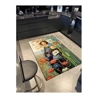 Woman in Flowers Theme Colourful Decorative Machine Washable Area Rug
