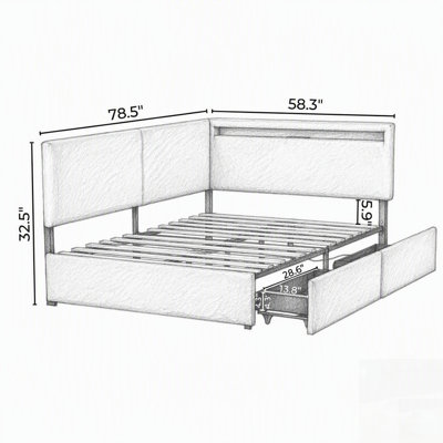 Cadre de lit infonuagique rembourré avec tête de lit, 2 tiroirs de rangement, lumière DEL, chargement USB, pieds et lattes en bois massif, sommier non requis