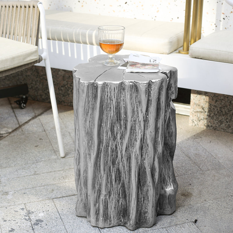 Tree Stump Trunk Side End Table, Faux Wood Patio Table, Garden Stool, Silver
