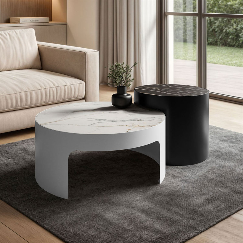 Coffee Table, White / White Marble + Black / Black Marble