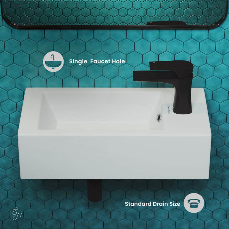 Voltaire 19.5 x 10 Rectangular Ceramic Wall Hung Sink with Right Side Faucet Mount, Glossy White, Right Side Faucet Mount