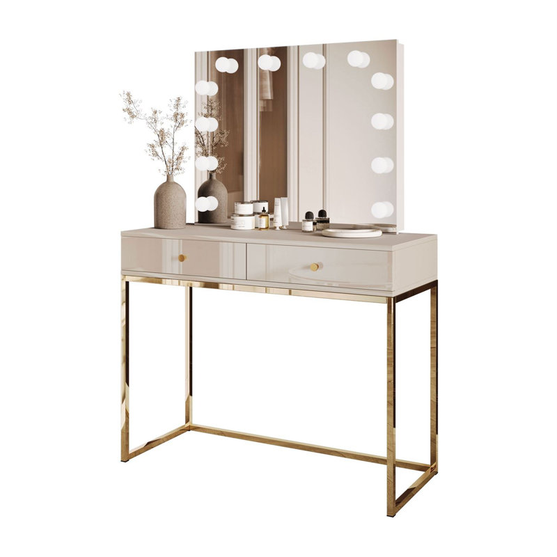 Dressing Table with Mirror, Cashmire/ Cashmire Gloss/ Gold/ Gold Chrome