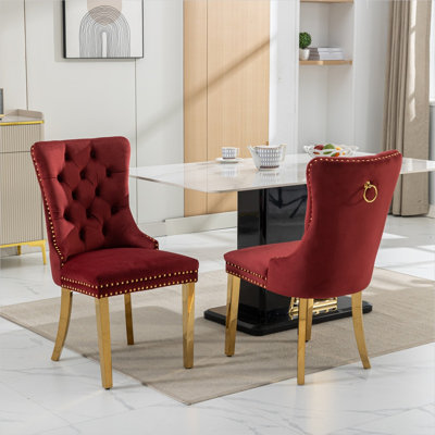 Set of 2 Parsons Dining Chairs Velvet Upholstered Classic Red Tufted with Gold Legs