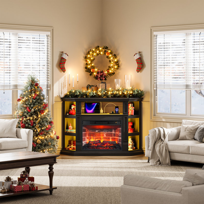 Meuble télé 47 po pour téléviseur de 55 po ou moins avec foyer électrique l 23 po, Noir, Classic Faux Brick Interior