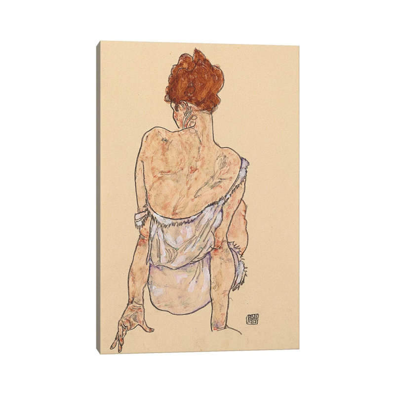 Seated Woman In Underwear, Rear View, 1917 by Egon Schiele - Painting on Canvas, Wrapped Canvas