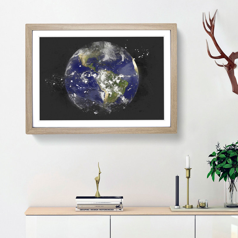 Satellite Image Of Earth - Picture Frame Graphic Art, 33cm H x 45cm W x 2cm D, Oak Framed