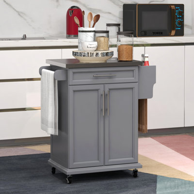 Îlot de cuisine sur roulettes, chariot de cuisine roulant avec comptoir en acier inoxydable, tiroir, porte-serviettes et porte-épices, chariot de rangement utilitaire, blanc