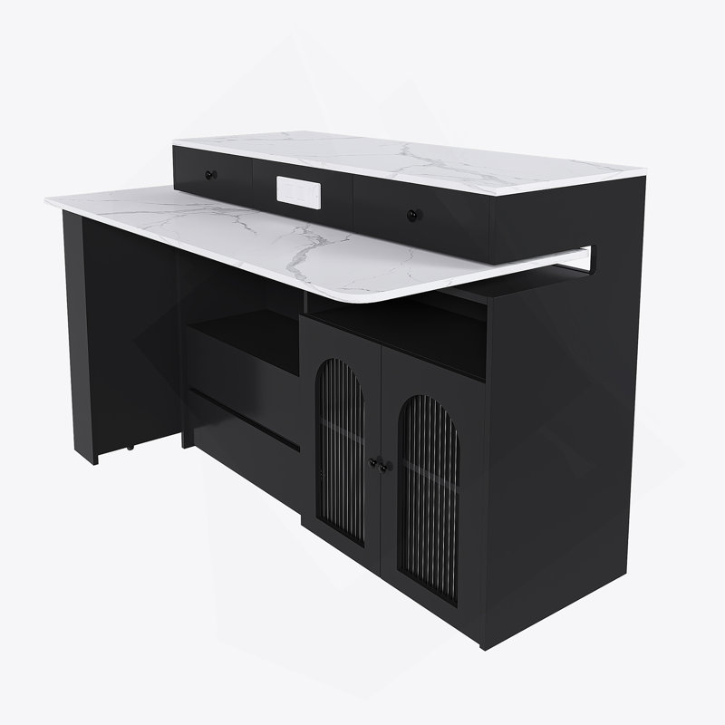 Kitchen Island With Extendable And Rotating Table, Wooden Kitchen Island With 4 Drawers, Black/White Marble