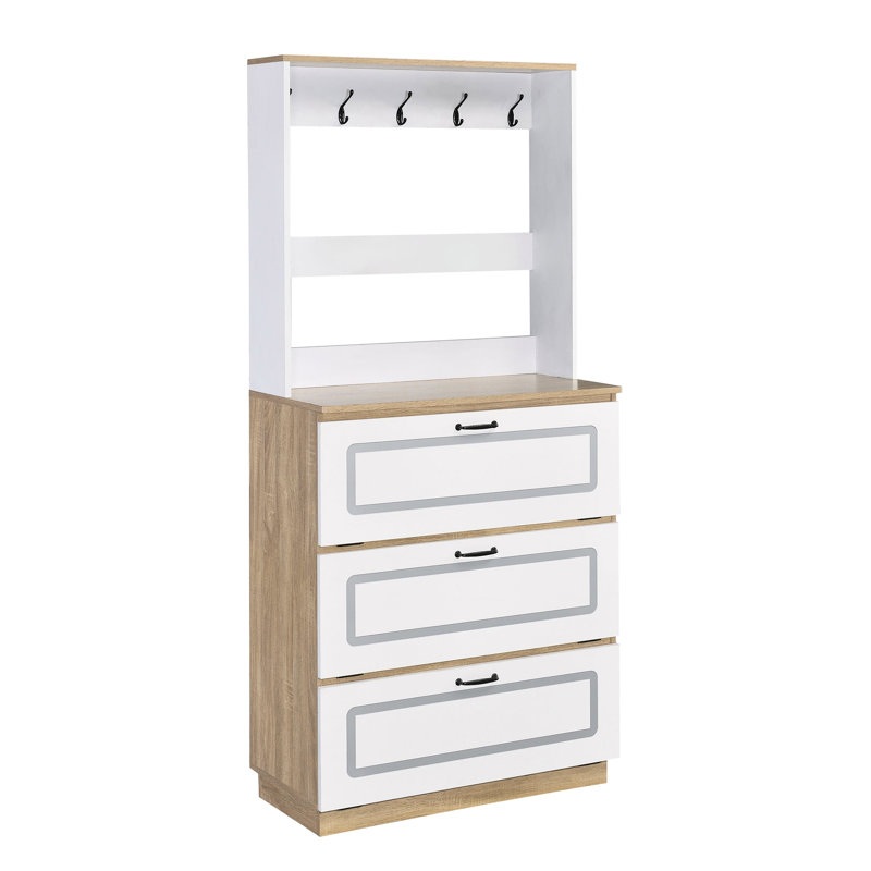 Armoire à chaussures blanche avec tiroirs rabattables et espace de rangement supplémentaire en chêne et fonction tablette