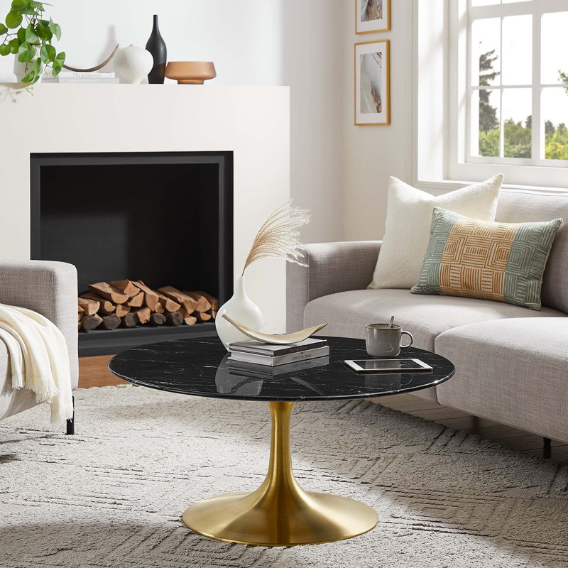 Table basse ronde en marbre artificiel Lippa, Noir, Doré, Noir