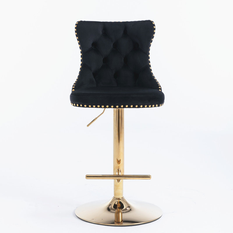 Swivel Velvet Barstools with Adjusatble Seat Height, Black, Gold