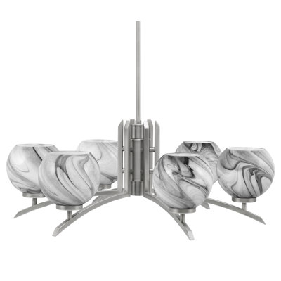 Lustre 6 lumières Kurve illustré en finition graphite avec verre tourbillon onyx de 5,75 po