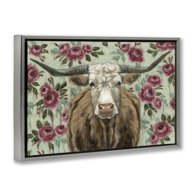 Cadre long Longhorn avec fleurs magenta flottantes, design par Sara G