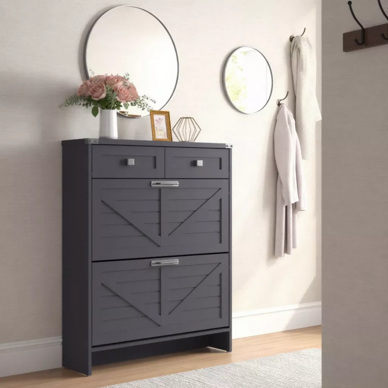 Farmhouse Shoe Cabinet With Two Flip Drawers And Two Regular Drawers Slim Freestanding Narrow Rack For Front Entryway, Black