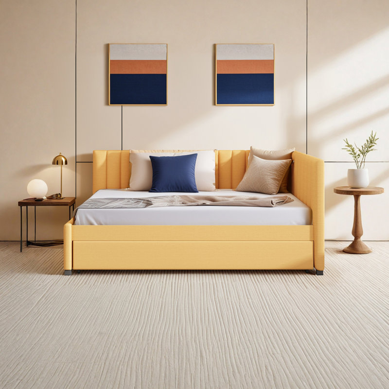 Full Size Linen Upholstered Daybed Sofa Bed With Trundle ,Wood Slats,No Box Spring Needed, Yellow