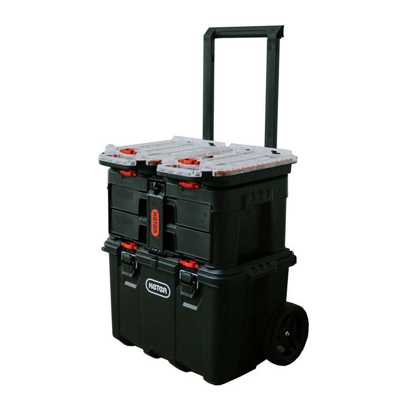 Keter Stack N Roll 4-Piece Rolling Tool Storage System Includes Large Rolling Tool Box, 2-Drawer Tool Box, 2 Tray Organizers