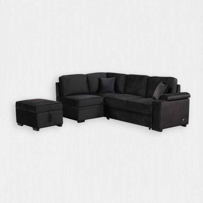 Cassan Upholstered L-Shaped Sectional Left Hand Facing, Black Velvet