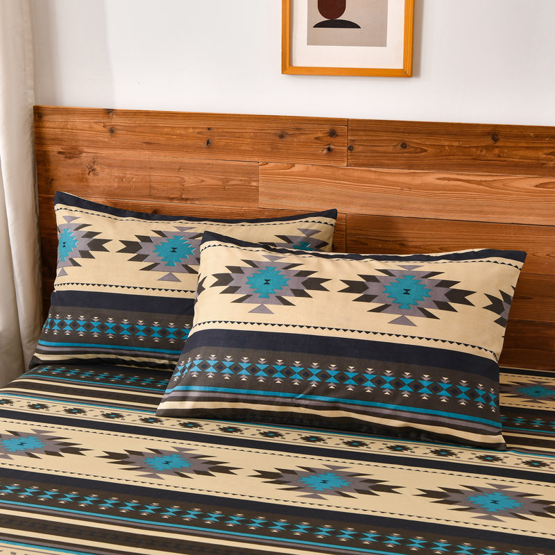 Microfiber Multicolor Southwestern Tribal Aztec Sheet Set, Full Sheet Set with 2 Pillowcases, Teal/Beige/Gray/Geometric