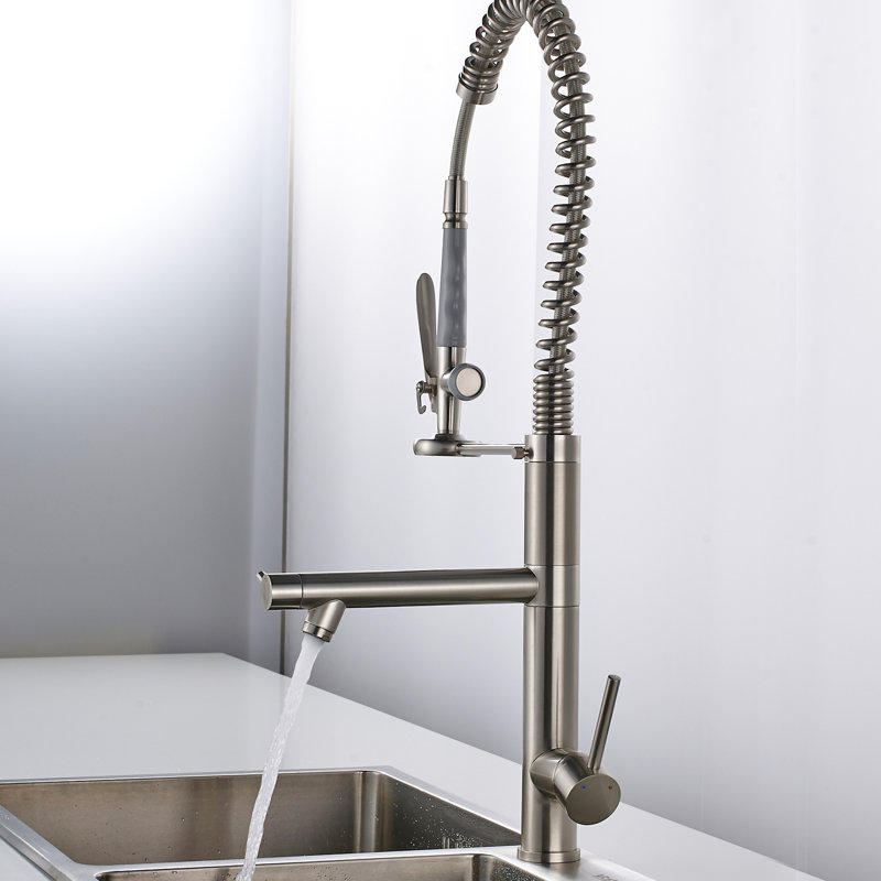 Robinet de cuisine chaud / froid avec surface escamotable, surface en nickel brossé, poignée simple en laiton nickelé, évier fonctionnel