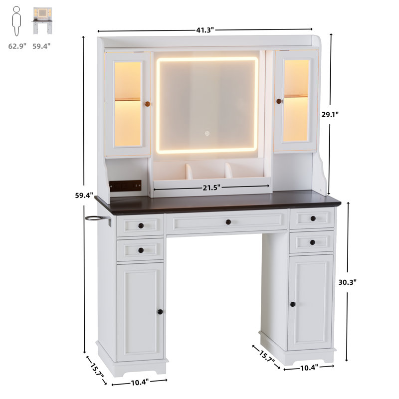 Farmhouse Makeup Vanity With Power Outlet & Mirror, 3 Light Mode