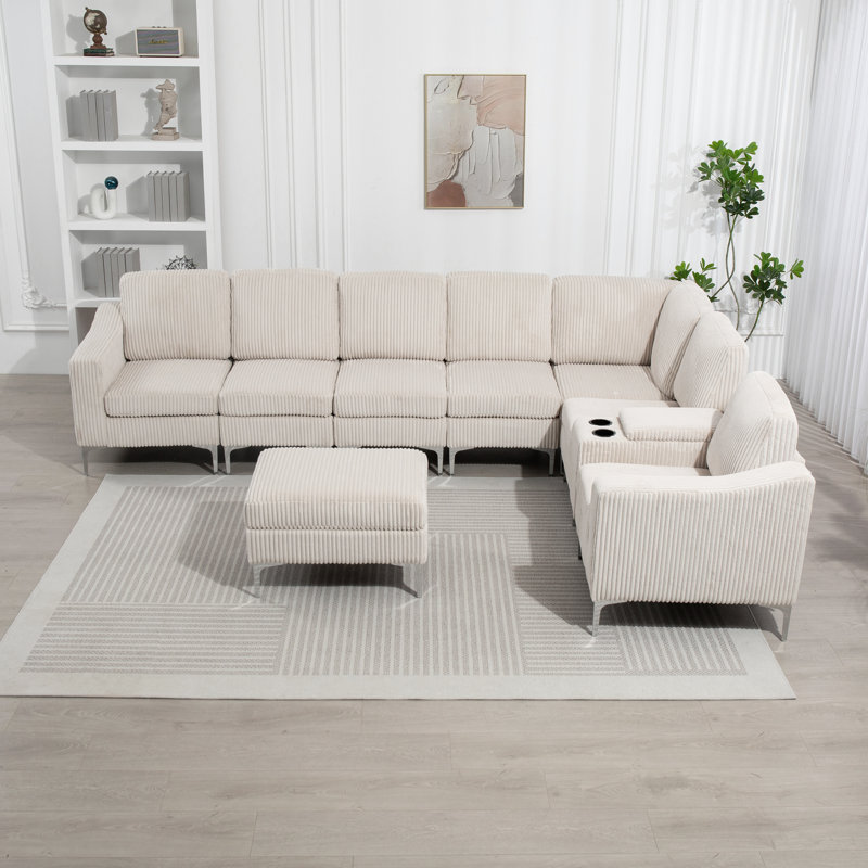 Canapé modulaire convertible en velours côtelé avec repose-pieds, porte-gobelets, ports USB pour le salon, Orienté à droite
