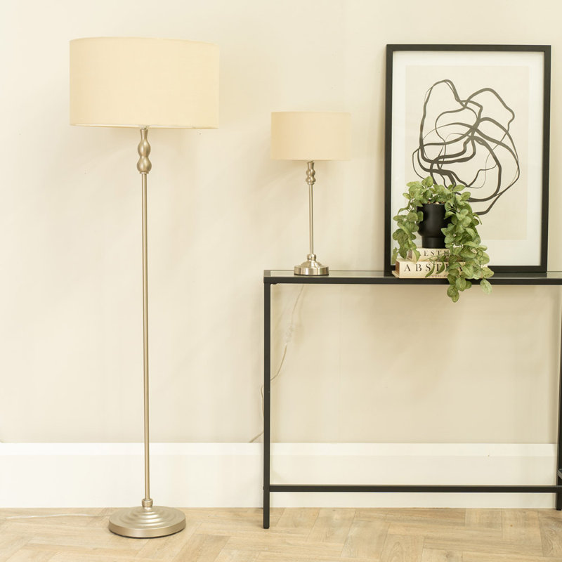 Saylorsburg 151cm Traditional Floor Lamp, Brush Chrome Silver, Natural Fabric, No