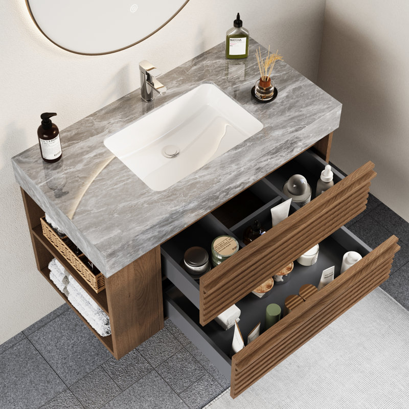 Meuble-lavabo flottant avec tiroirs et tablettes ouvertes 36 po, brun, Brun