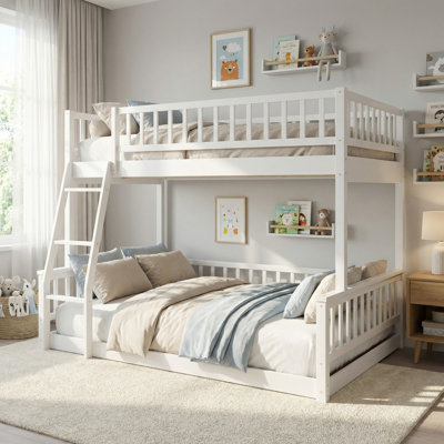 Solid Wood Full XL Over Queen Bunk Bed with Ladder and Guardrails for Bedroom