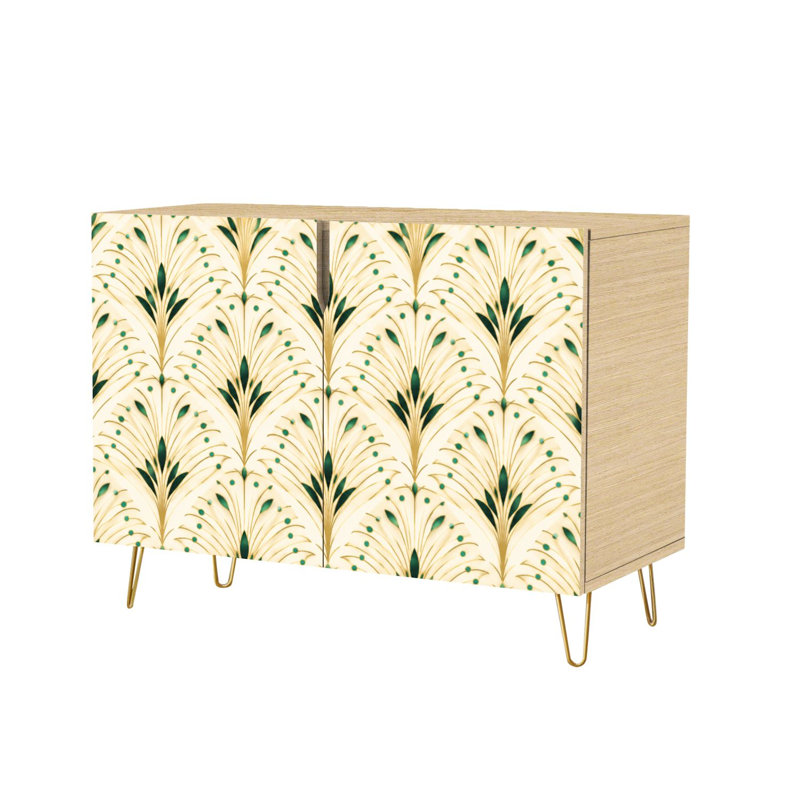 Buffet Buffet avec rangement Art Déco Floral Doré Vert Accents Lumineux avec 2 Portes pour le Salon et la Cuisine