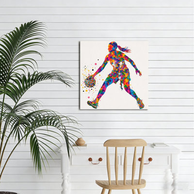 Silhouette féminine de basketball, art mural encadré en bois ， 16 x 16