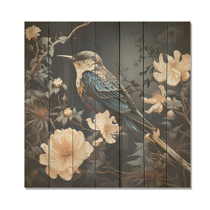 «Midnight Floral Bird Melody III - Colibri sur bois», H 25 po x l 25 po