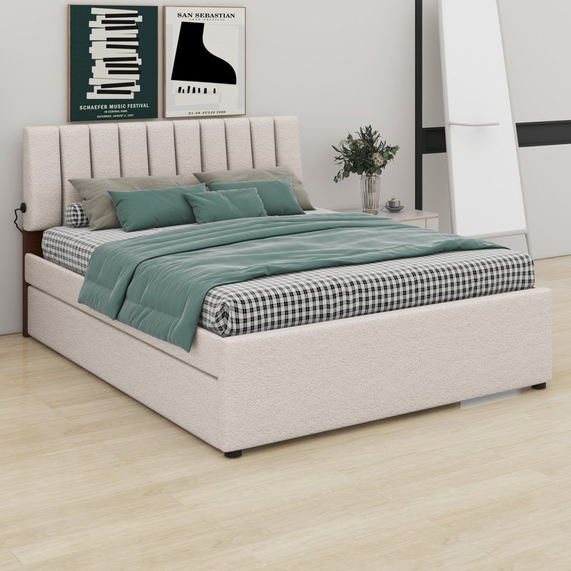 Lit plateforme tapissier avec lit gigogne, Queen, Beige