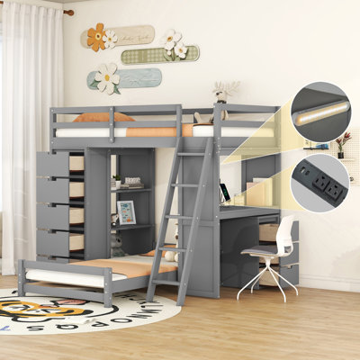Lit superposé simple au-dessus de simple avec lumières DEL, ports USB, tiroirs de rangement et tablettes, blanc