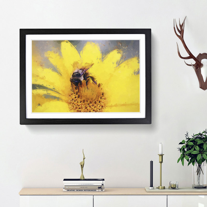 Bee Collecting Pollen in Abstract - Picture Frame Painting Print, Black Framed, 27cm H x 36cm W x 2cm D
