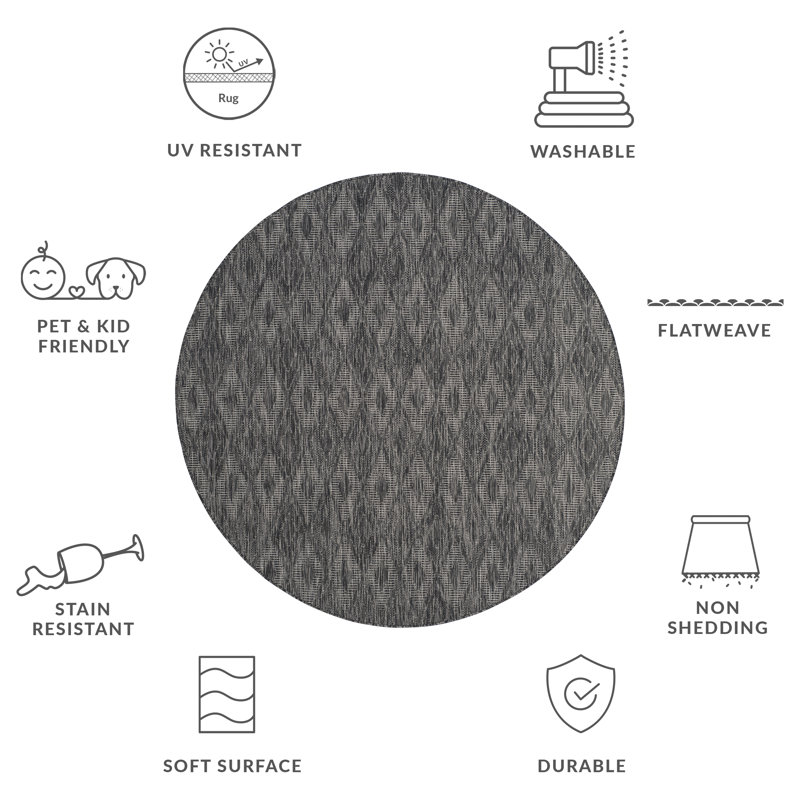Ajacia Geometric Black Indoor/Outdoor Area Rug, Round 6'7"