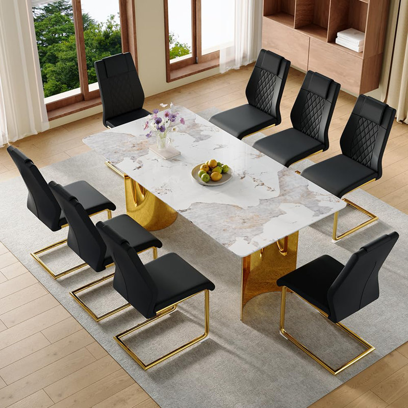 Ensemble de table de salle à manger rectangulaire de 71 po pour 8 personnes comprenant un plateau en faux marbre et des chaises en cuir de polyuréthane. Cet ensemble de salle à manger de 9 pièces convient aux maisons, aux restaurants et aux espaces de bureau.