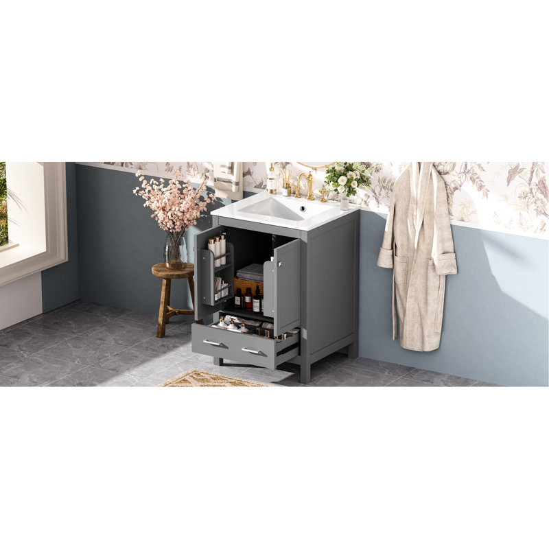 Meuble-lavabo de style transitionnel de 24 po avec rangement spacieux, charnières à fermeture en douceur et tablette de porte grise à double couche de 24 po de fabrication artisanale exquise, facile à assembler pour une installation rapide