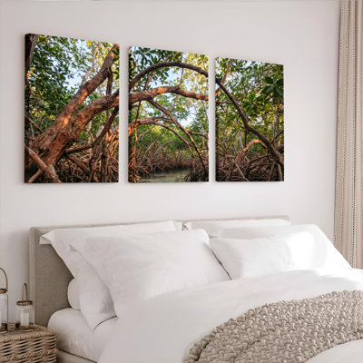 Ensemble de 3 tableaux sur toile représentant une forêt de mangroves, pour la décoration du salon et de la chambre.