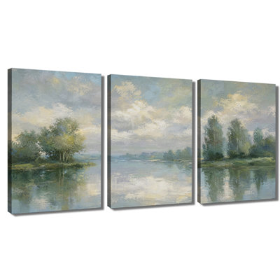 Toile, art doux, rivière, forêt, nuage, impressionniste, peinture à l'huile, paysage naturel, décoration murale