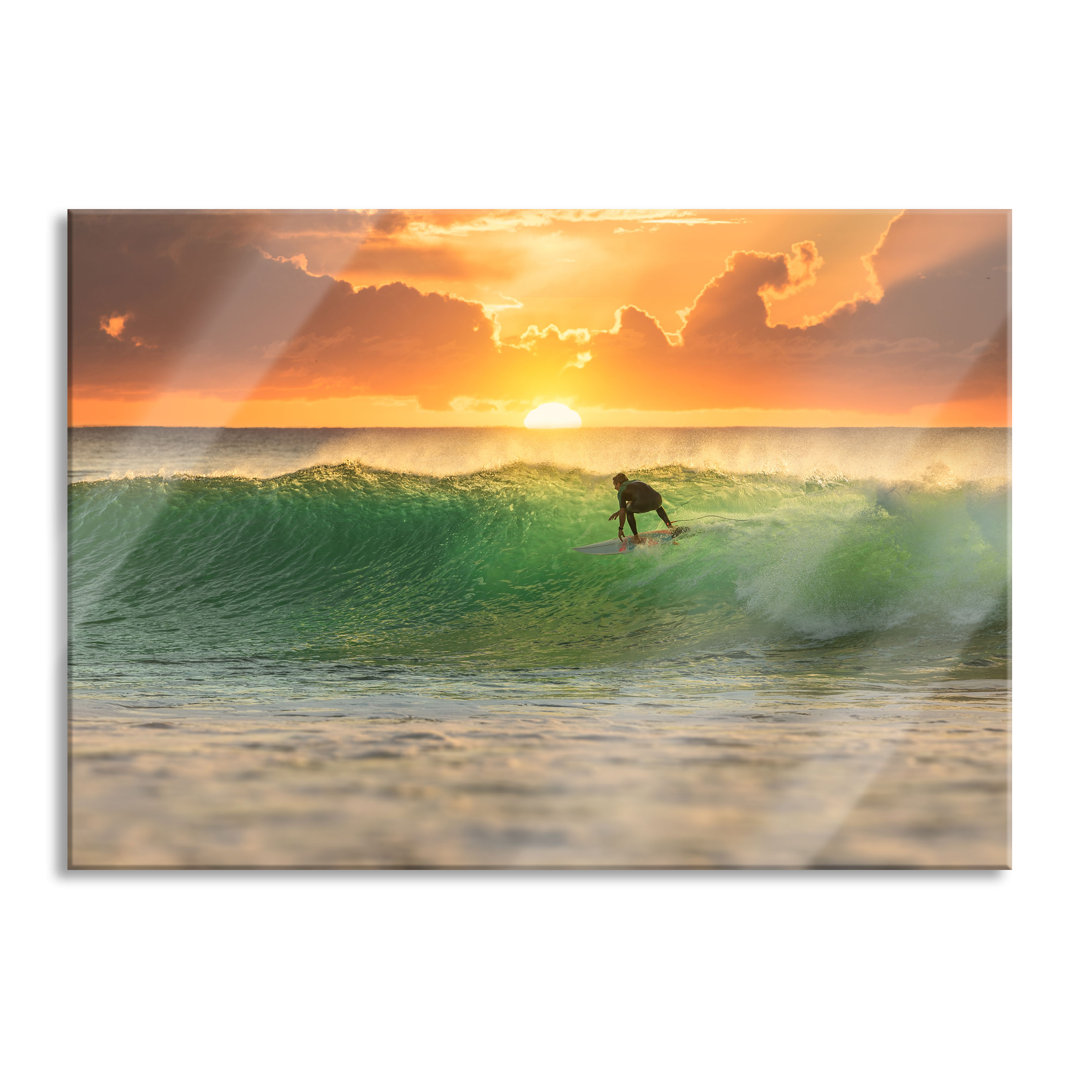 Glasbild | Wandbild Auf Echtglas | Surfen Im Sonnenuntergang Inkl. Aufhängung Und Abstandshalter LF2822