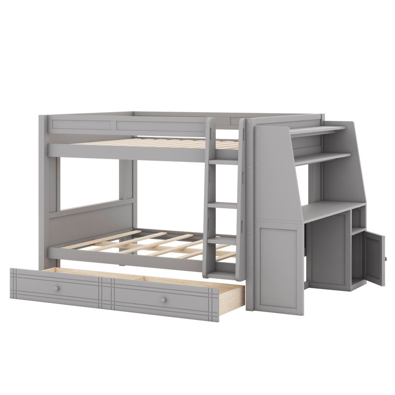 Lit superposé pour enfants avec bureau d'étude, tablettes de rangement et tiroirs, Gris