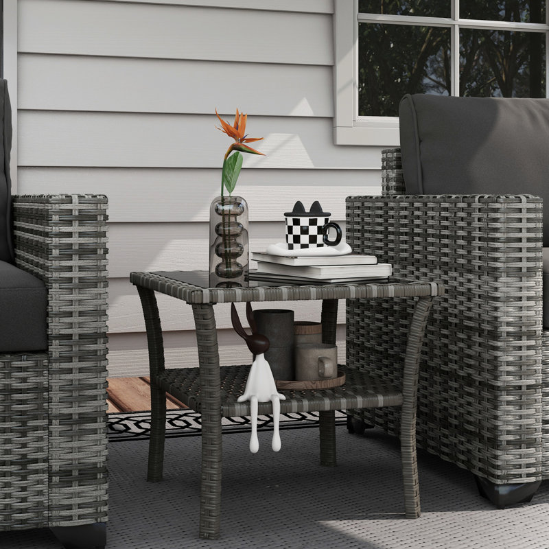 Table basse carrée d'extérieur avec tablette, gris, verre trempé, table avec cadre en aluminium, 2 rangements, gris