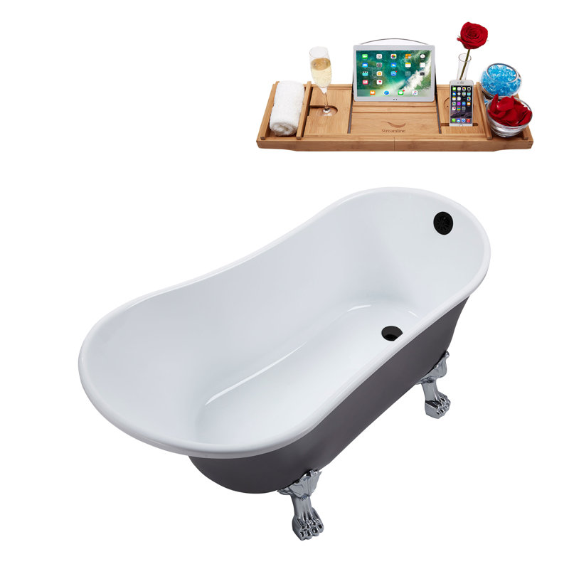 55" Streamline Clawfoot Soaking Acrylic Bathtub With Drain, Clawfeet, and Bamboo Tray, Matte Black, Polished Chrome