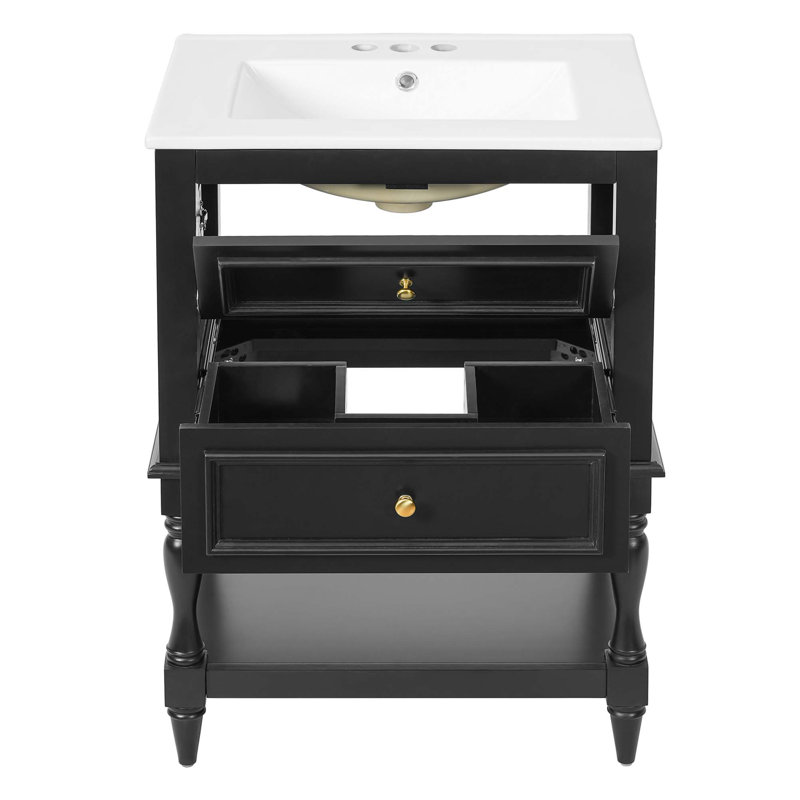 Meuble-lavabo rétro avec lavabo en céramique et rangement intelligent, Noir
