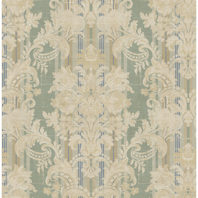 Papier peint rayé damassé Seabrook Designs, Bleu cendré / brun clair