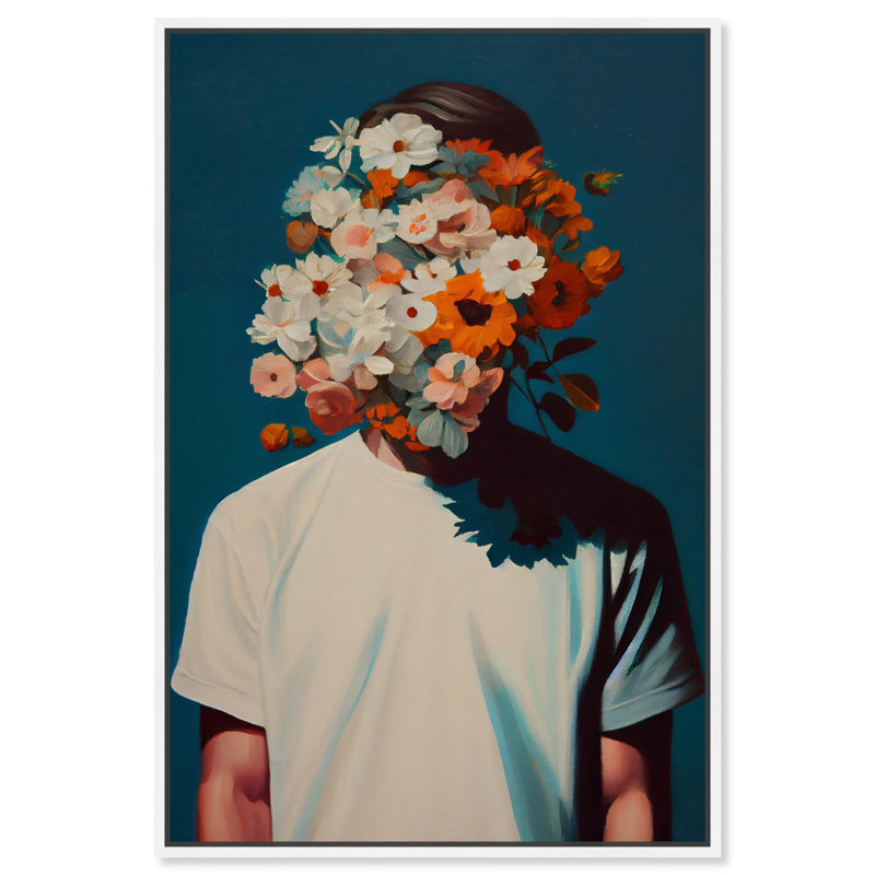 «Man Hidden In Flowers Canvas Modern Boho Portrait Art» par Art Remedy, H 16 po x l 11 po, Cadre blanc