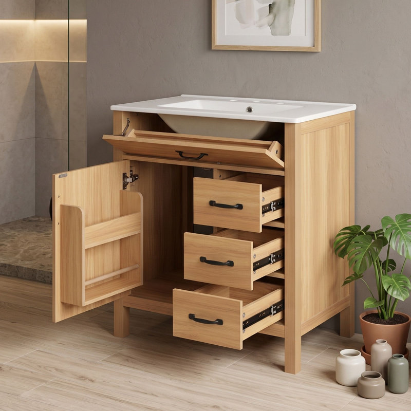 Meuble-lavabo autoportant contemporain avec lavabo en céramique, porte à fermeture douce et support de rangement double couche