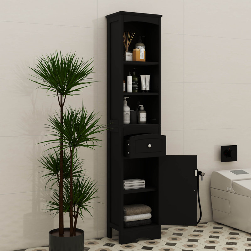Armoire de rangement haute et mince avec tiroir et porte autoportante, Noir