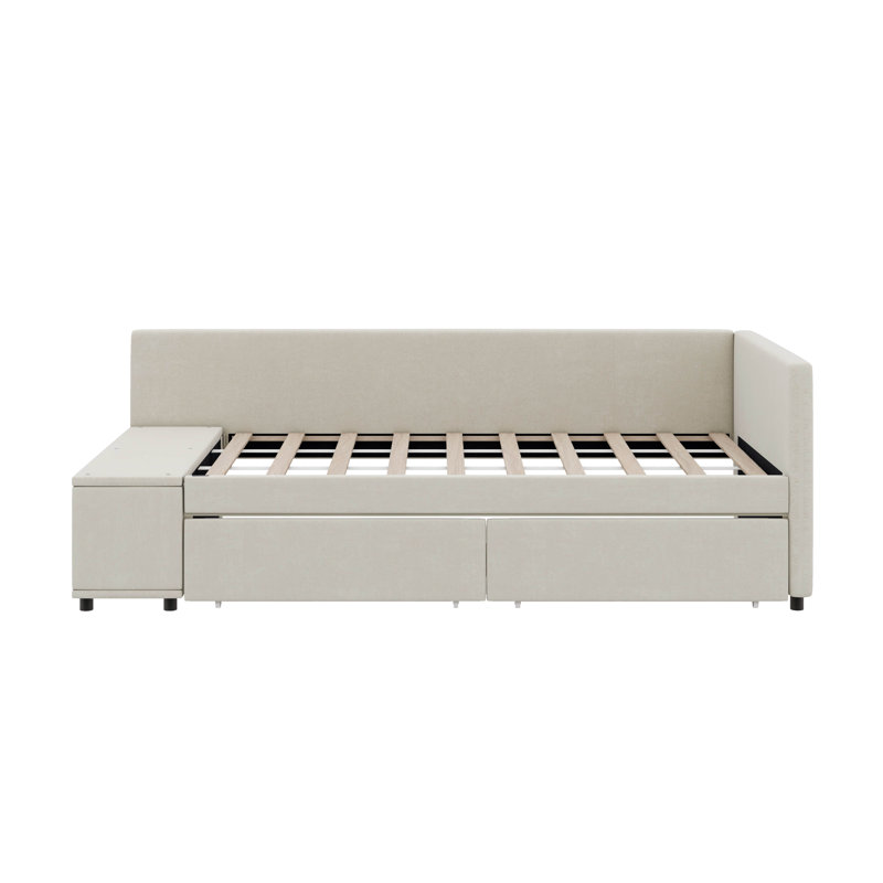Twin-Size L-Shaped Plush Platform Bed With Storage Drawers, Beige